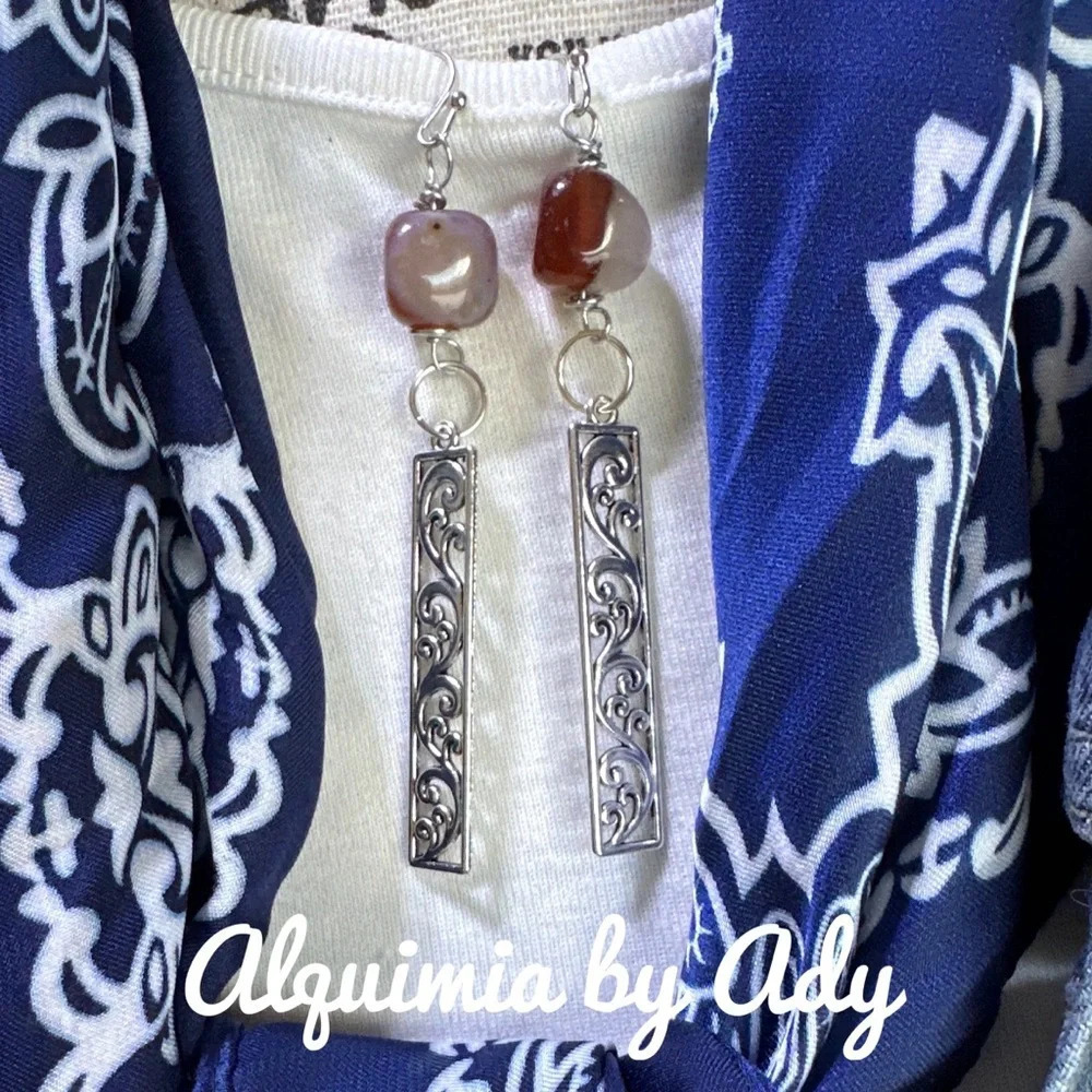 SHOULDER DUSTER + Carnelian silver statement earrings  boho earrings - Picture 2 of 2